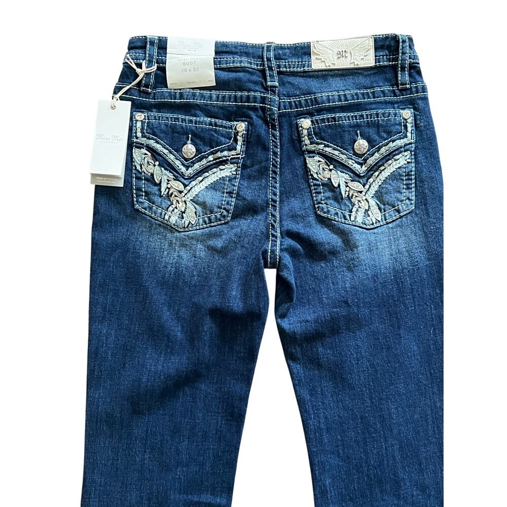 $129 NWT Miss Me Mid Rise Boot Cut Jeans Feather Flap Pockets Sequins Sz 28